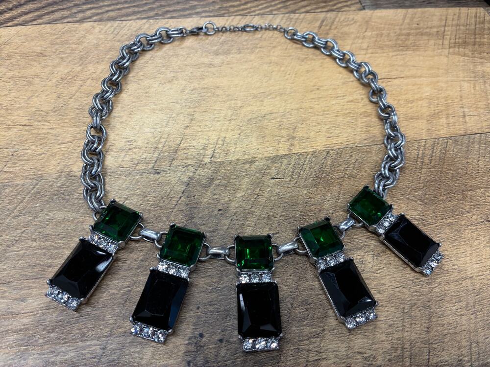 Anthropologie Jacamar Bib Necklace Green Black Rhinestone Gems Silver Tone